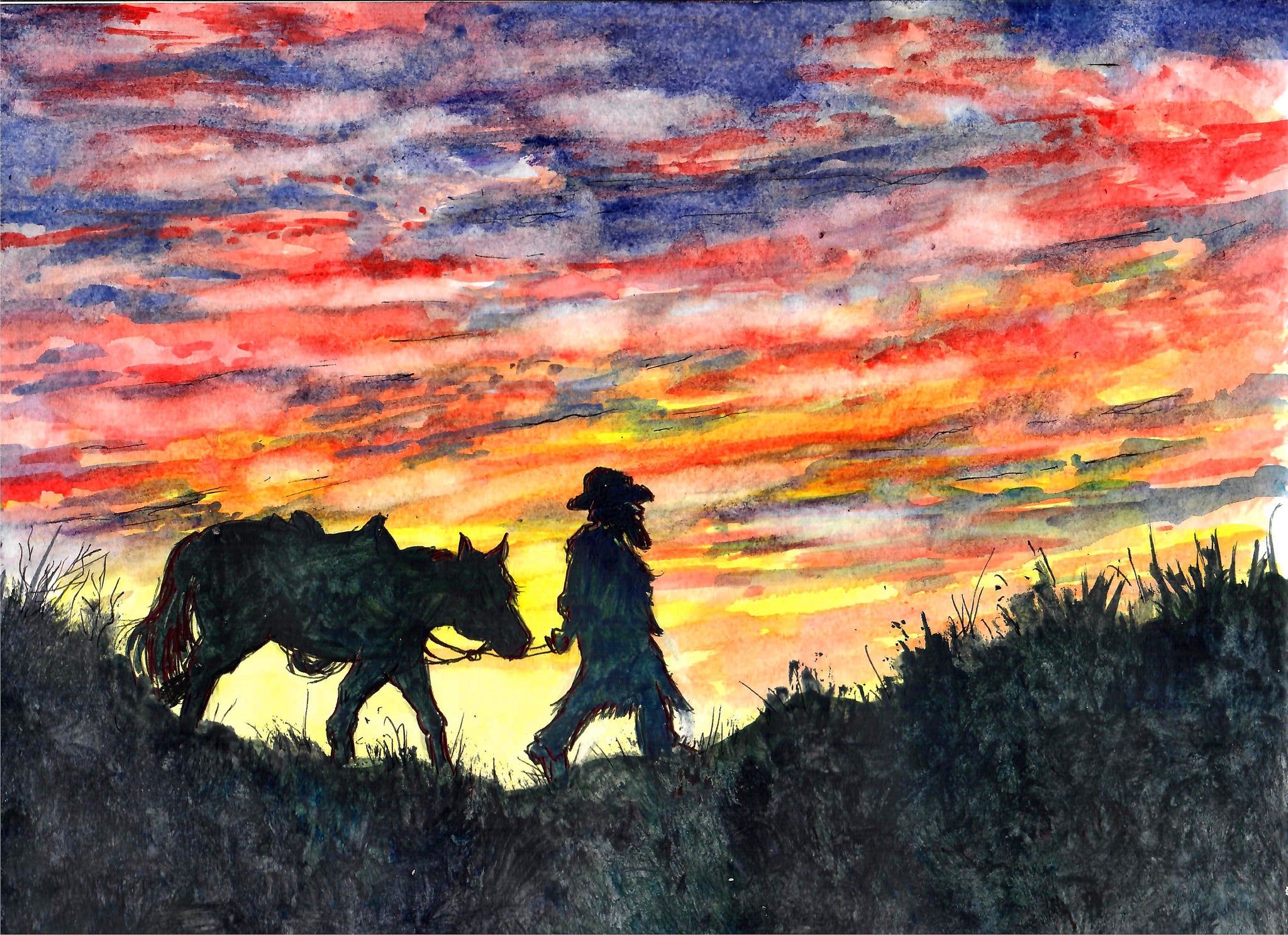 Western - Cowboy Walking His Horse Against A Colorful Sunset