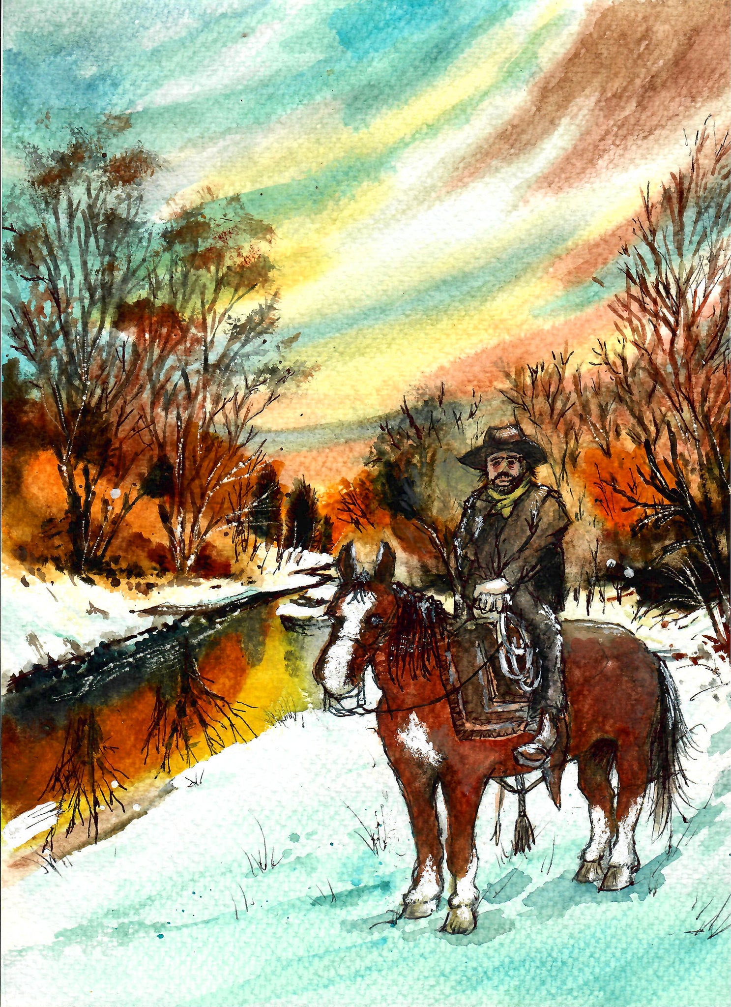 Western - Cowboy And Horse In Winter, Western Winter Art, Cowboy Art