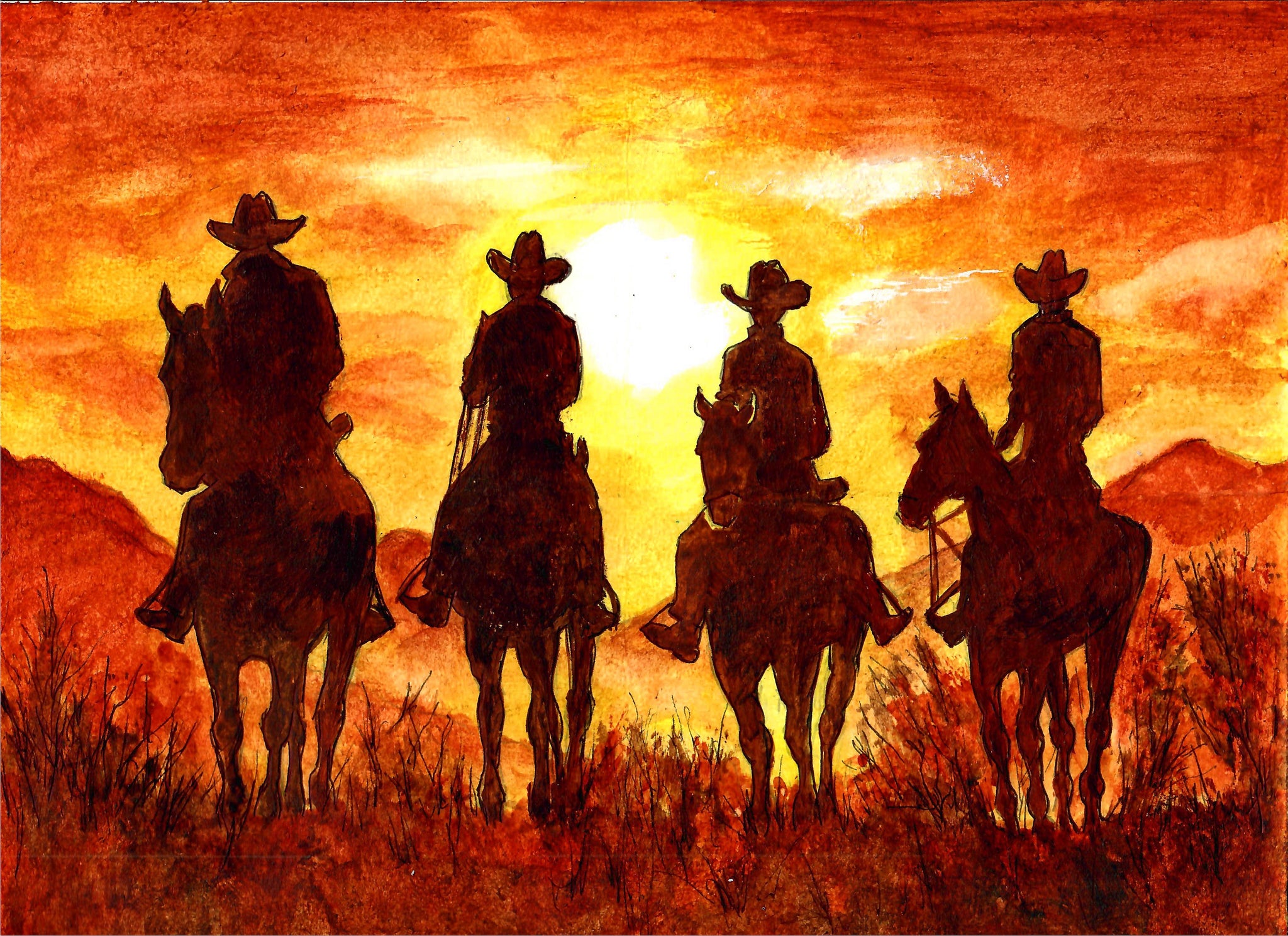 Western  - Cowboys On Horses At Sunset In The Mountains, Cowboy Art
