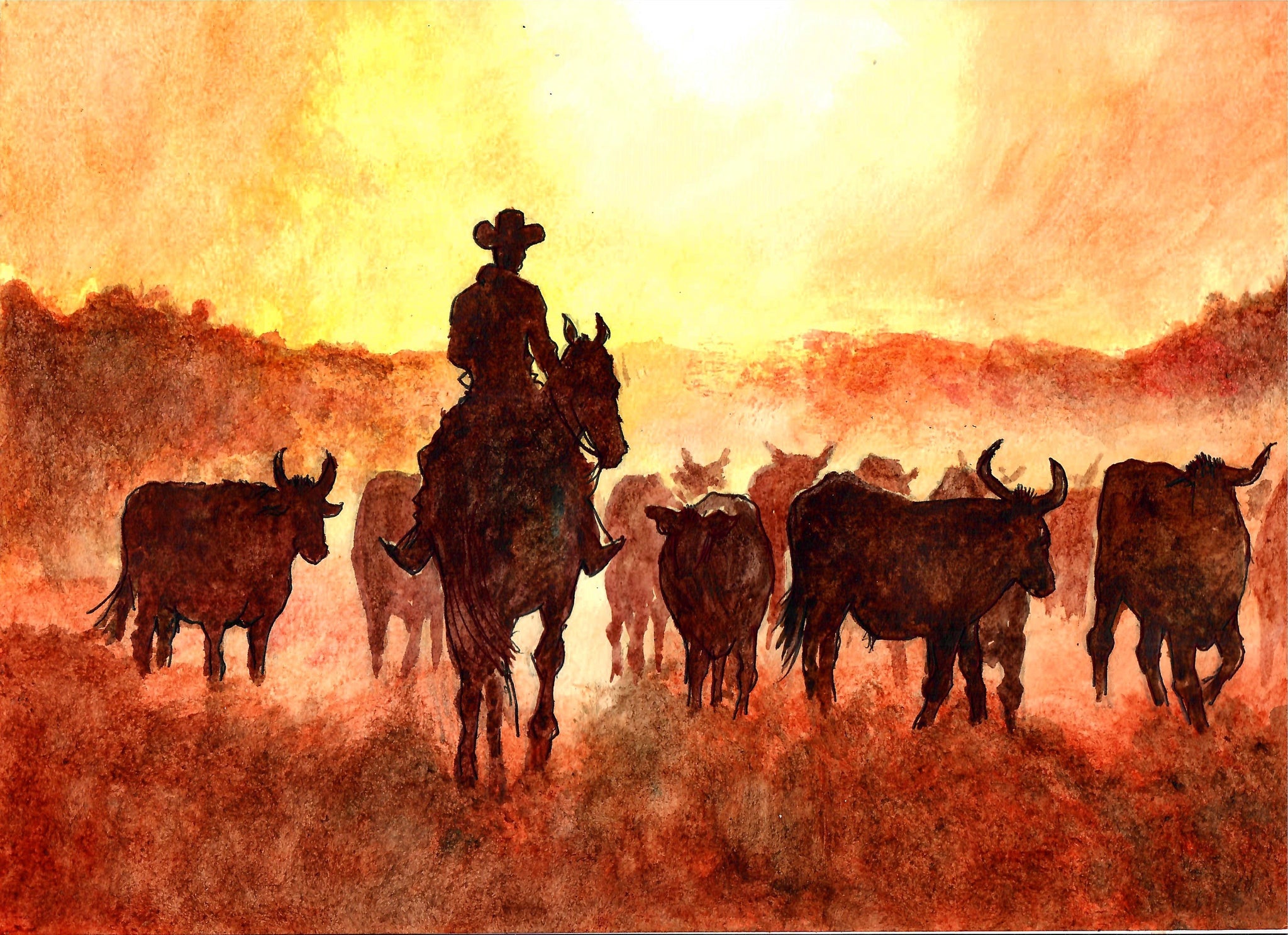 Western - Herding Cattle At Sunset,  Cowboy Sunset Print, Western Decor, Sunset Print