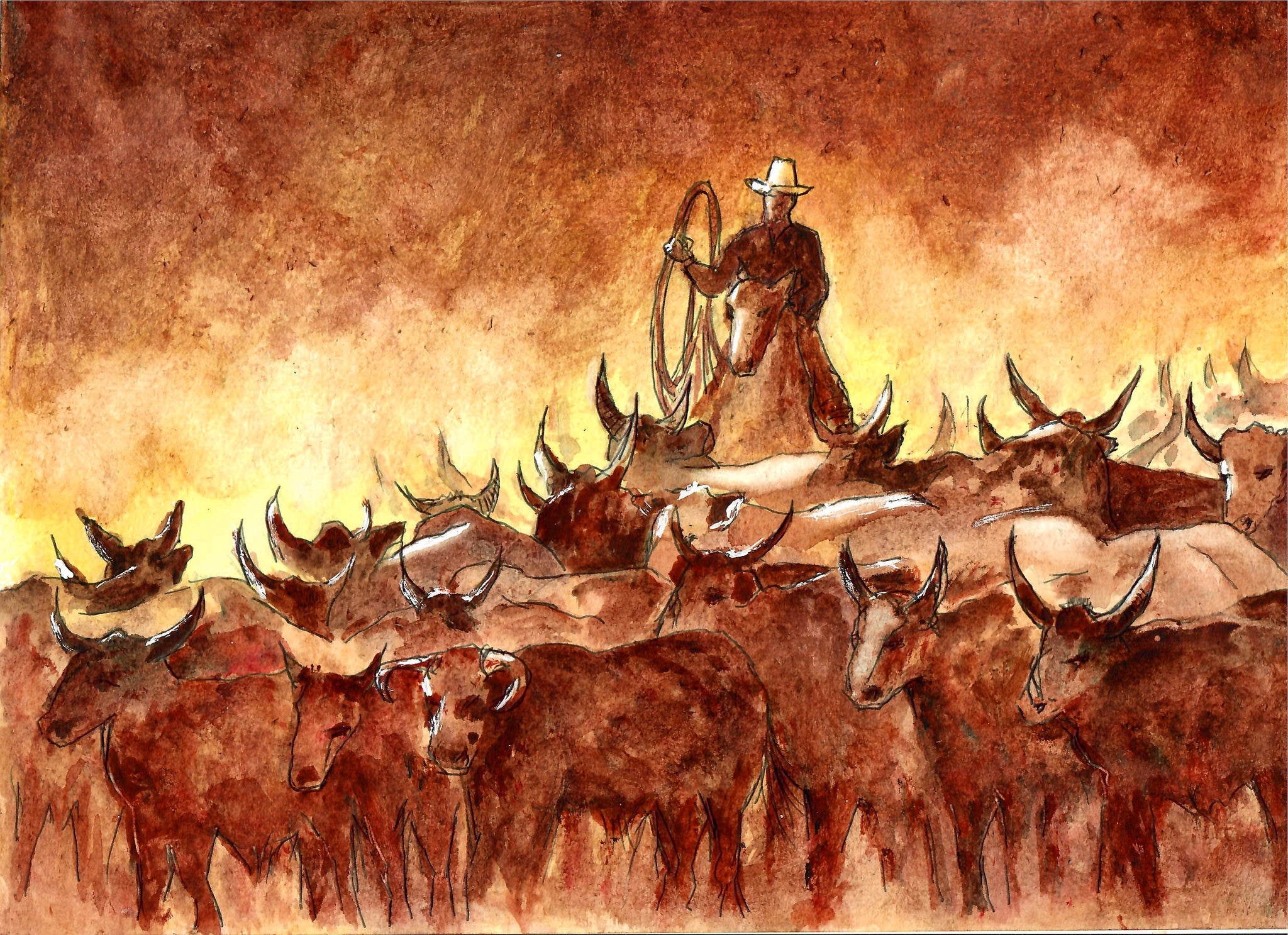 Western - Herding Longhorn Cattle, Cowboy Sunset Print, Western Decor, Sunset Print