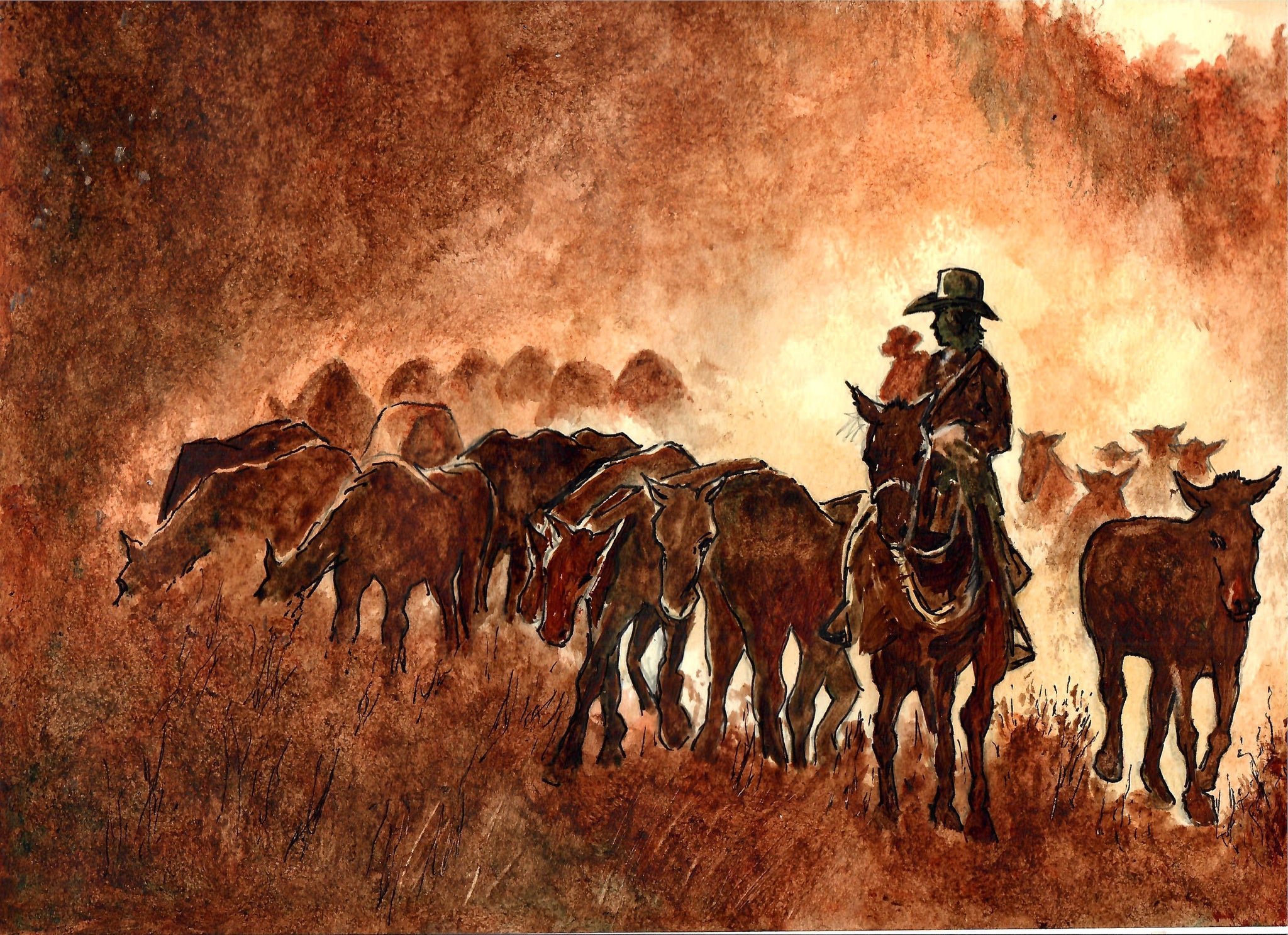 Western - Cowboys And Grazing Horses, Cowboys And Horses At Sunset