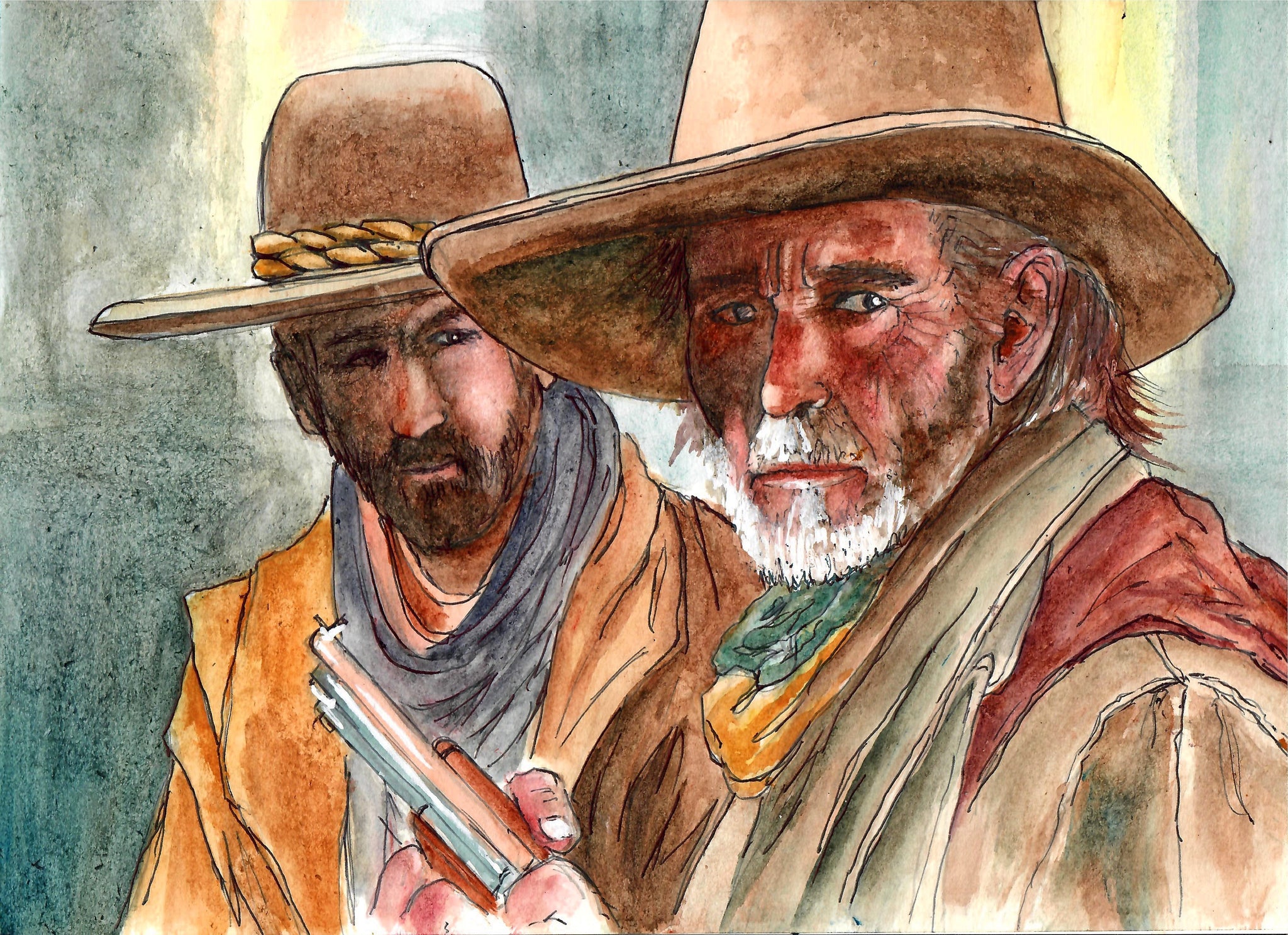 Western - Cowboys And A Gun,  Western Art Print, Cowboy Art, Cowboy Print