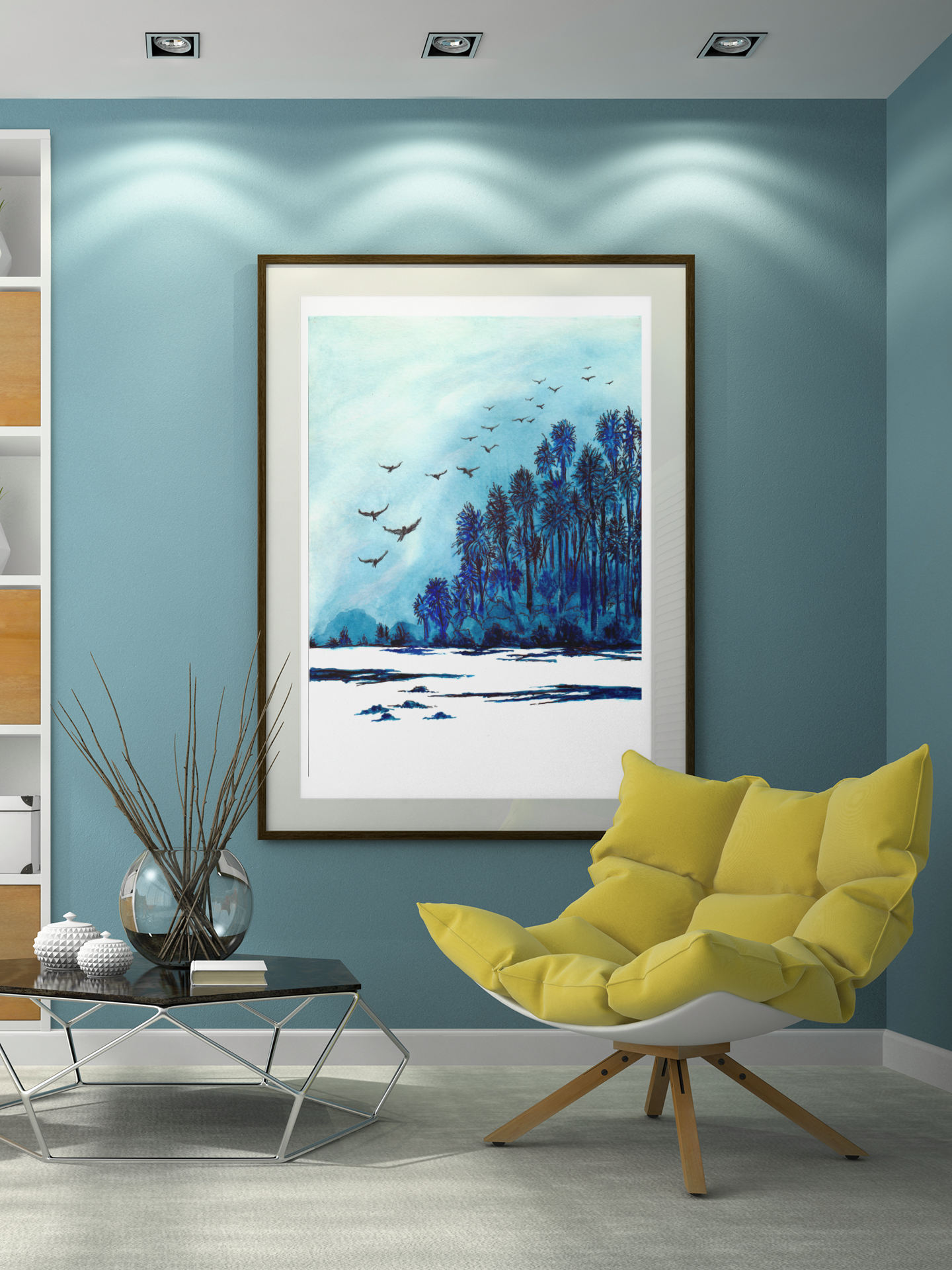 Nature - Birds Flying Blue Morning,  Blue Monotone Art Print