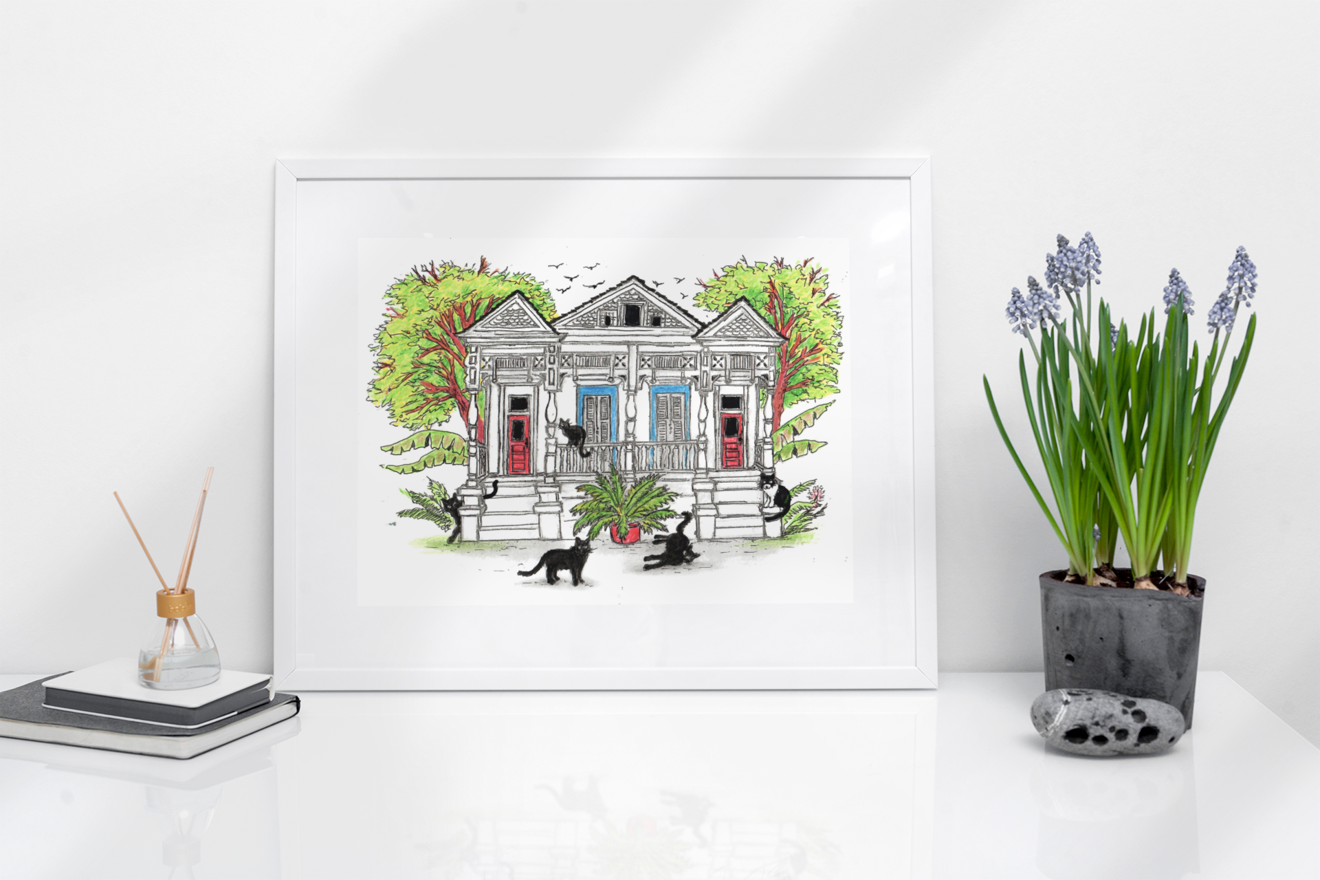 Cats Around A White New Orleans Duplex Shotgun House