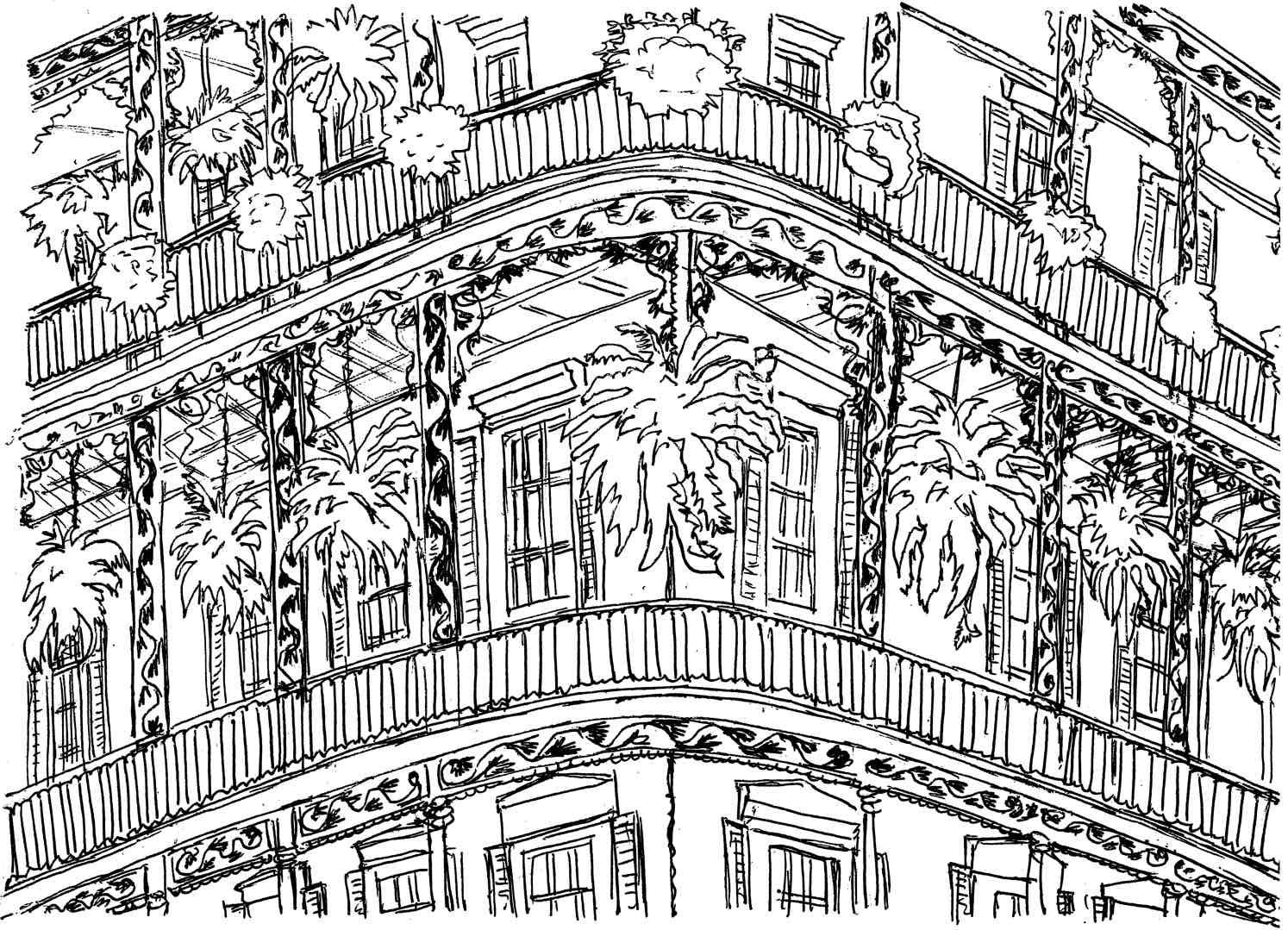 PEN & INK - FRENCH QUARTER APARTMENT BUILDING WITH FERNS
