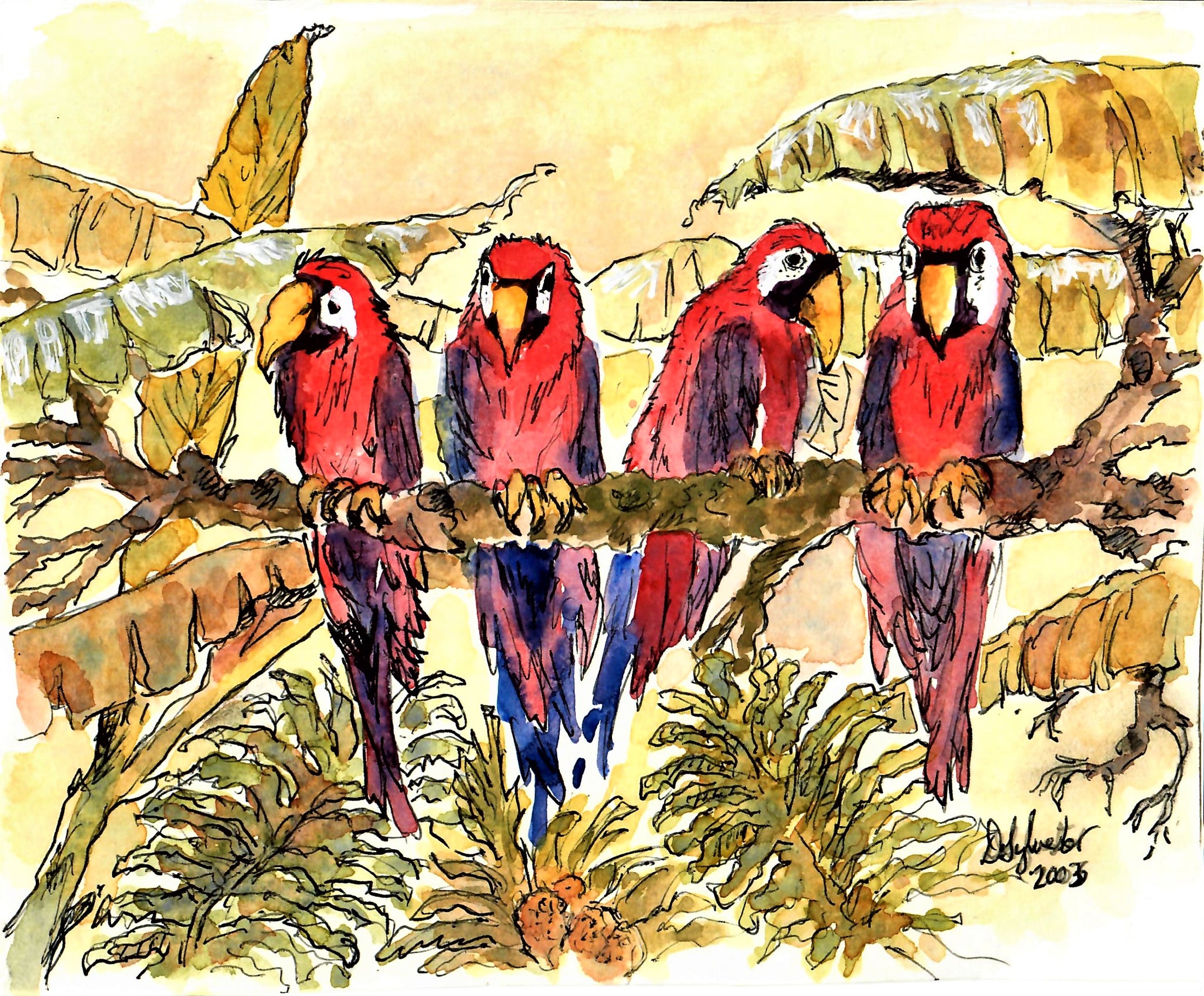 NATURE - FOUR PARROTS (RED/BLUE) PERCHED ON A TWIG IN THE JUNGLE