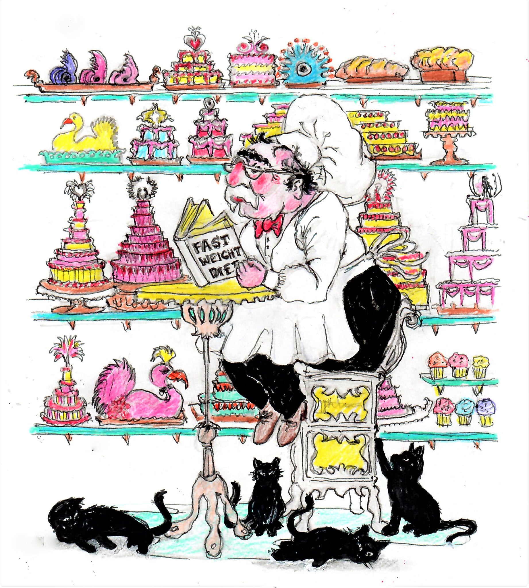 Cats Resting Below A Dieting Bakery Chef Sitting On A Stool Reading A Diet Book