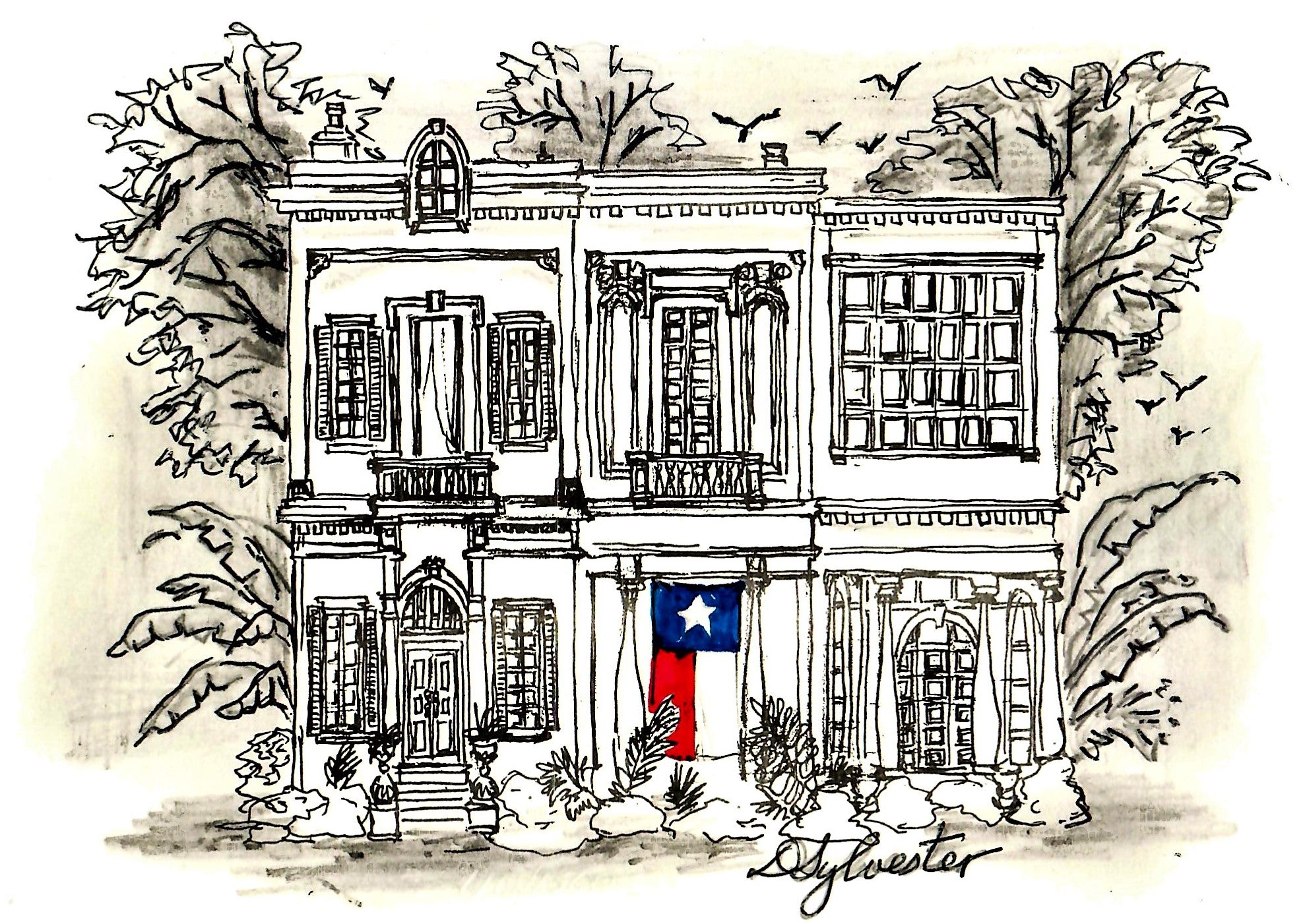 CITIES - TEXAS MANSION AND PROUD STATE FLAG HANGING IN FRONT PORCH