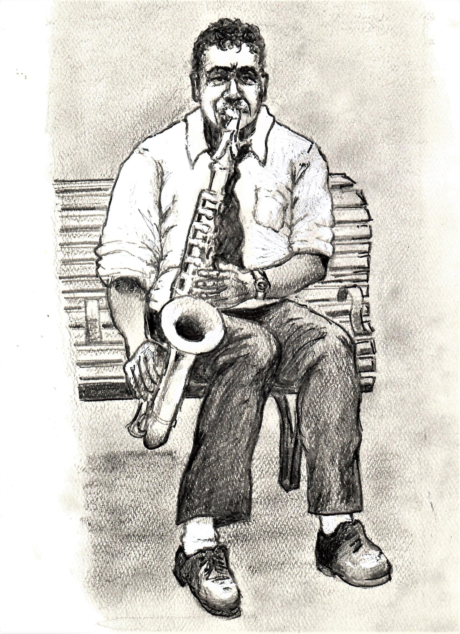 MUSICIANS - SAXOPHONIST PLAYING WHILE SITTING ON A STREET BENCH