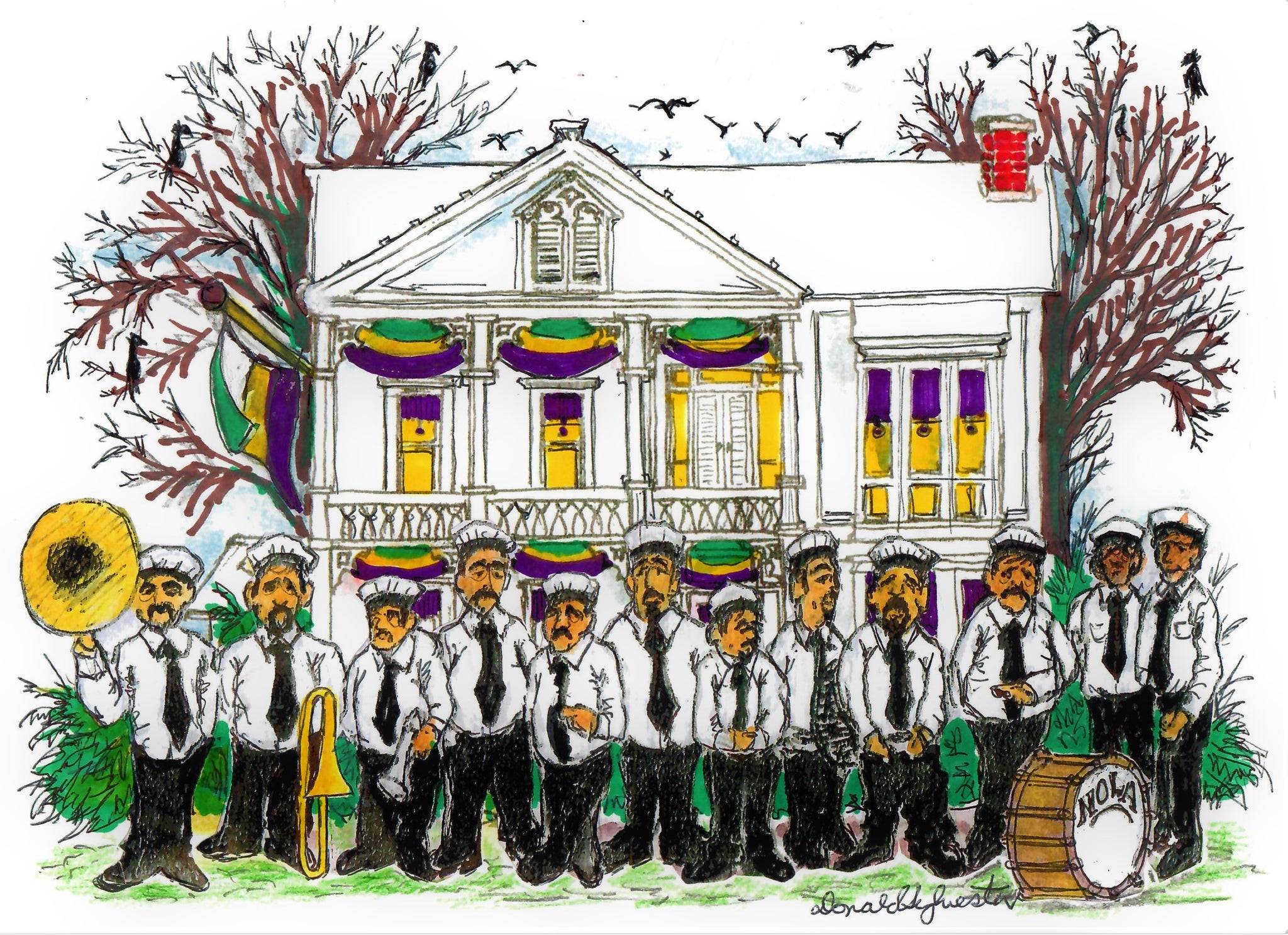 MUSICIANS - 12 MEMBER JAZZ STREET BAND IN FRONT OF A NEW ORLEANS MANSION