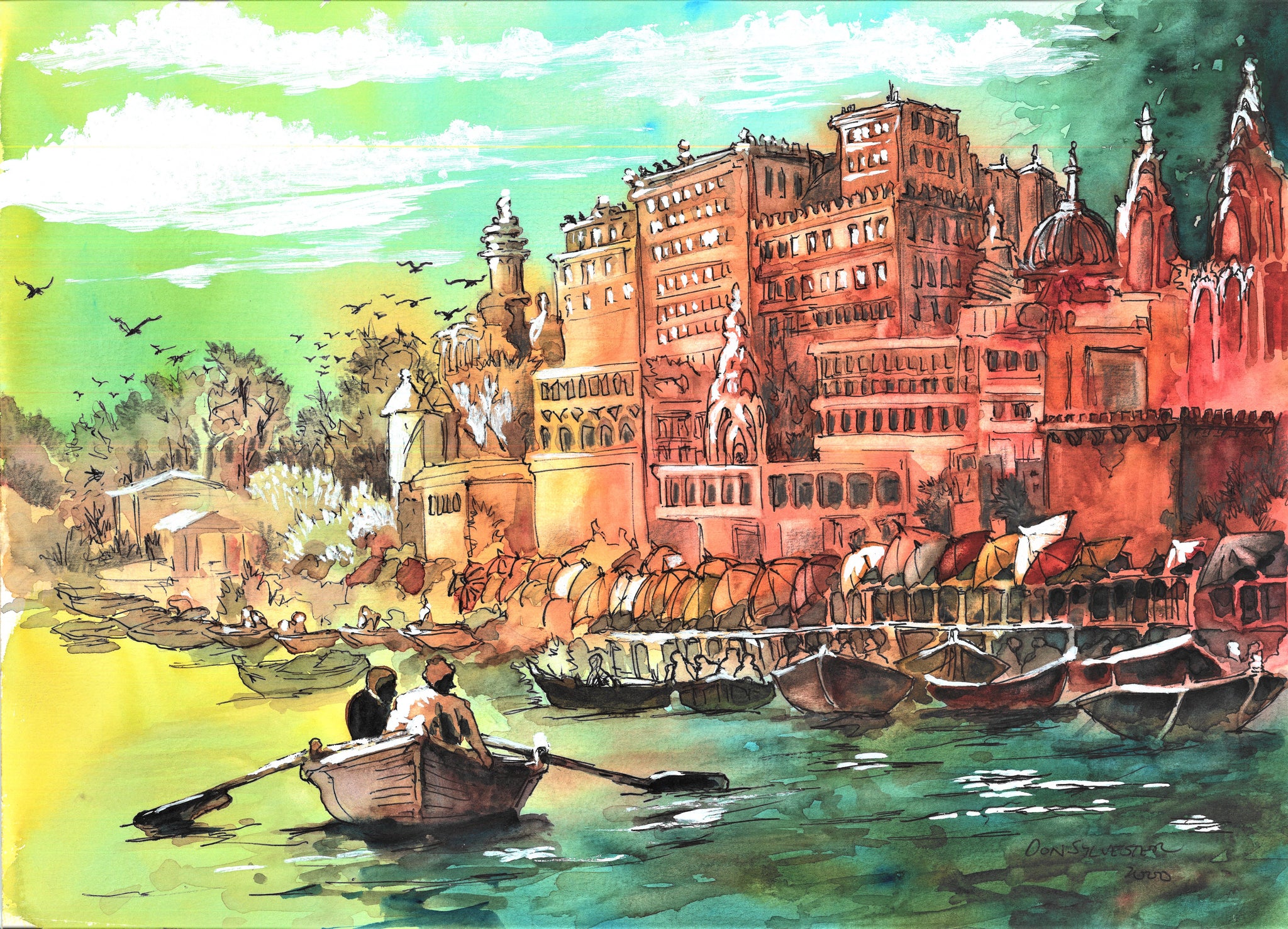 PEOPLE - FISHERMEN IN AN INDIAN PORT - WATERCOLOR BY DON SYLVESTER