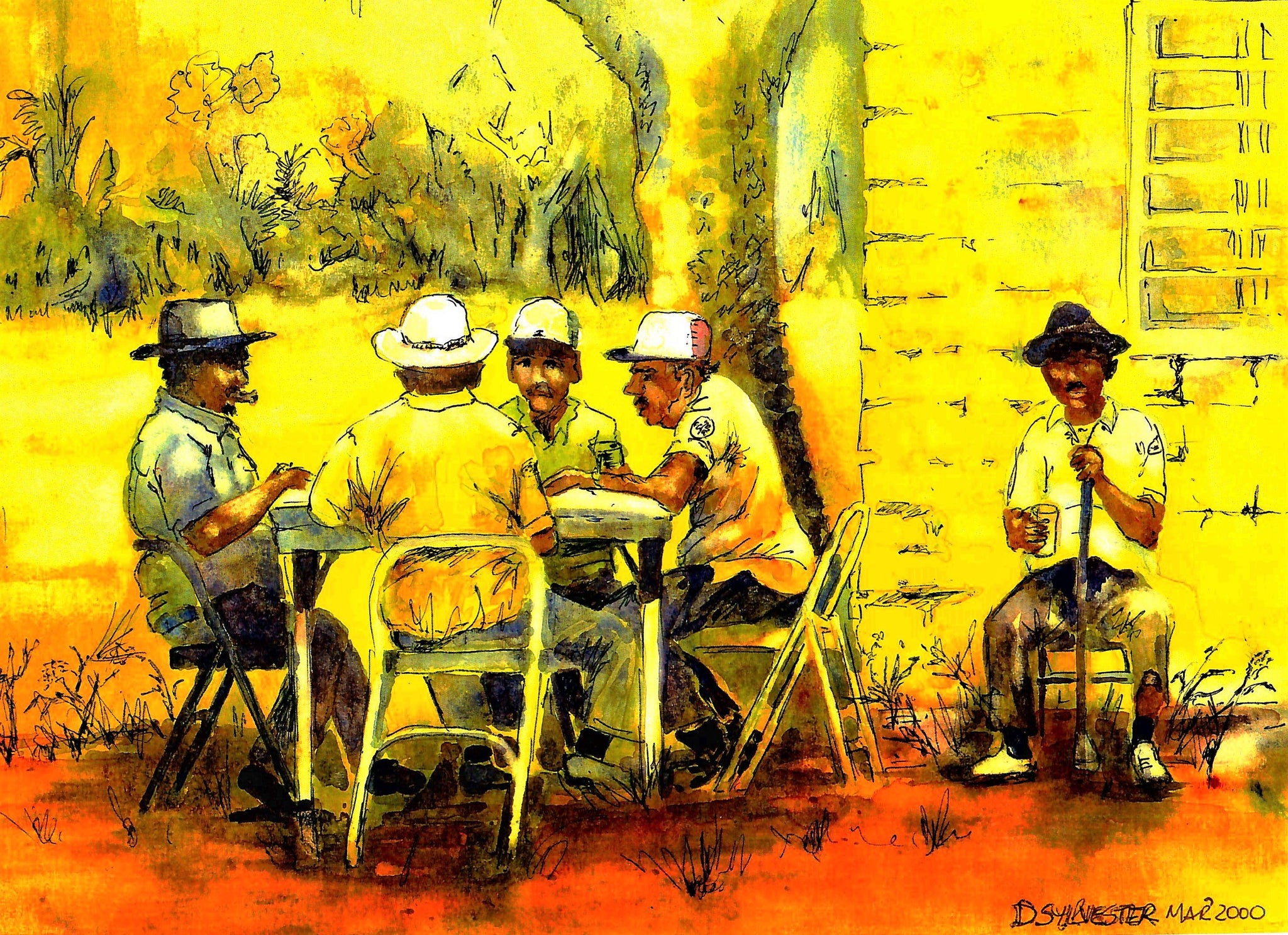 PEOPLE - MEN PLAYING CARDS IN THE BACKYARD UNDER THE SHADE TREES