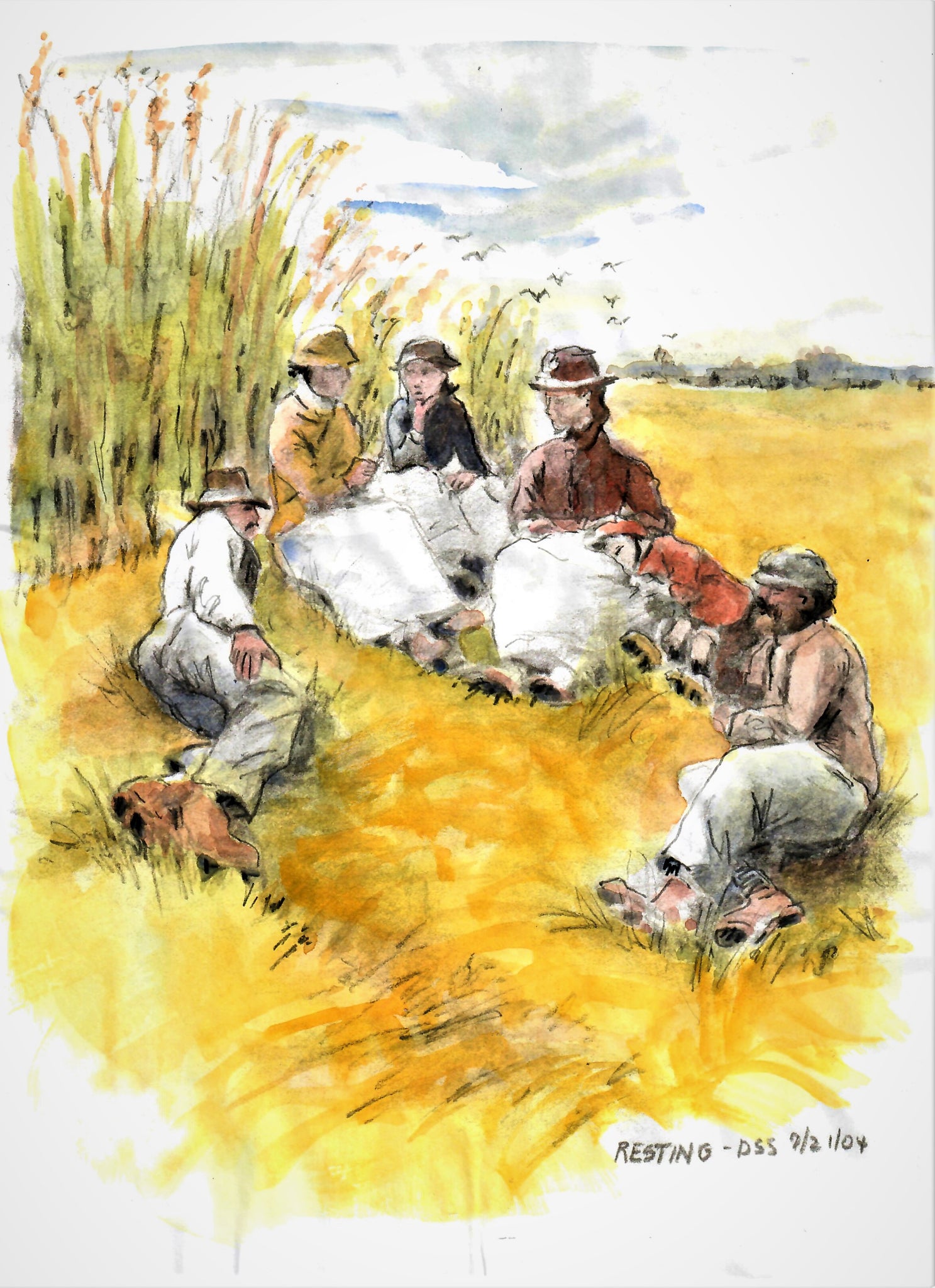 PEOPLE - FAMILY MEMBERS RELAXING & TALKING IN THEIR FIELD OUT IN THE COUNTRY