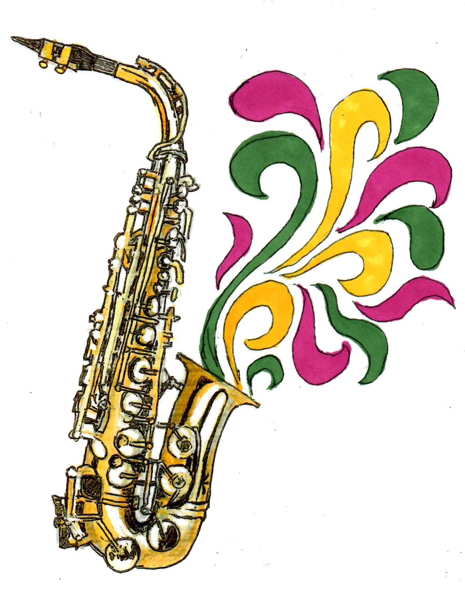 MUSICIANS - SAXOPHONE BLOWING MARDI GRAS NOTES: PURPLE, YELLOW & GREEN