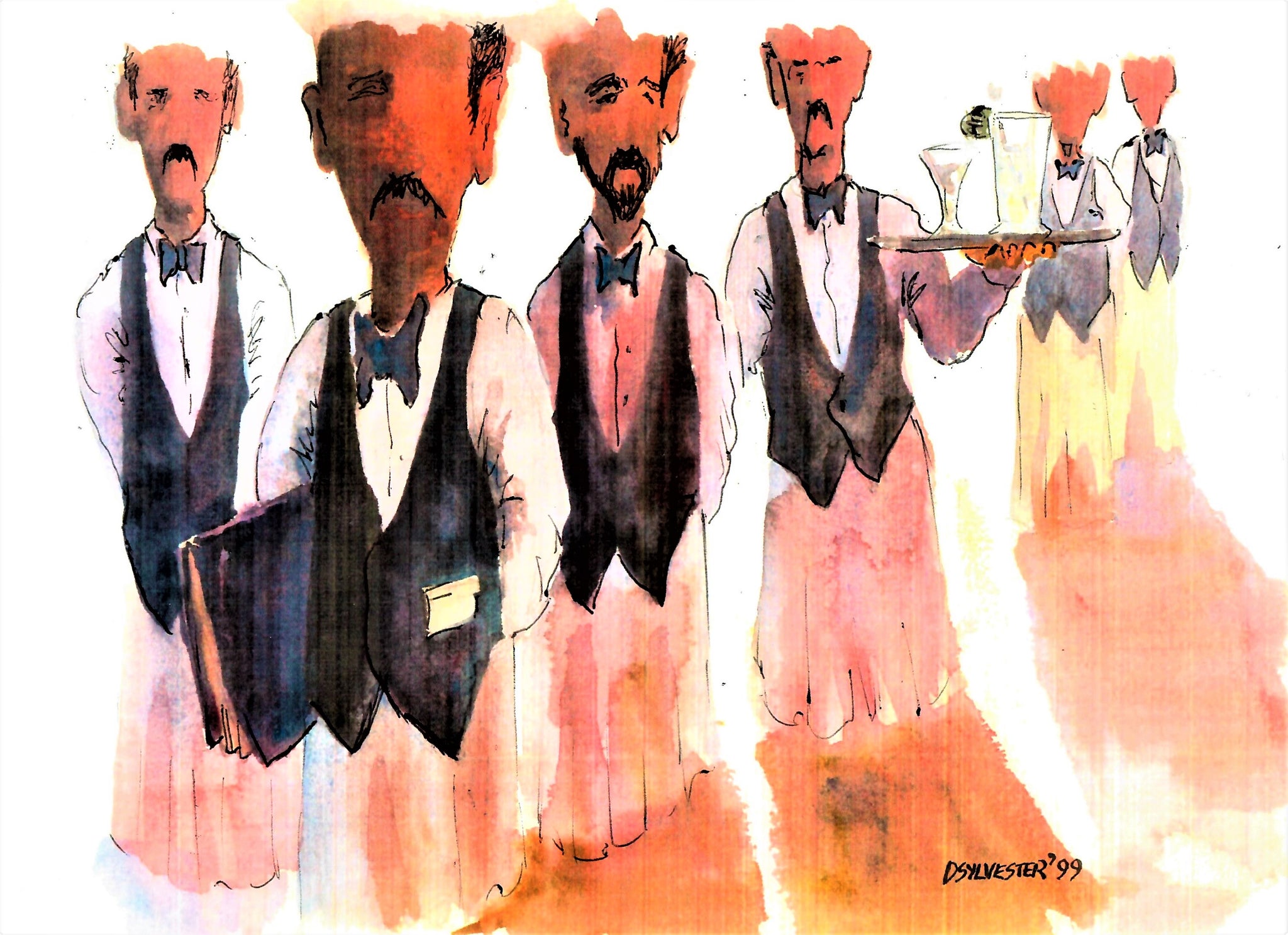 WAITERS - SEVEN WAITERS READY FOR CUSTOMERS WITH MENUS AND DRINKS