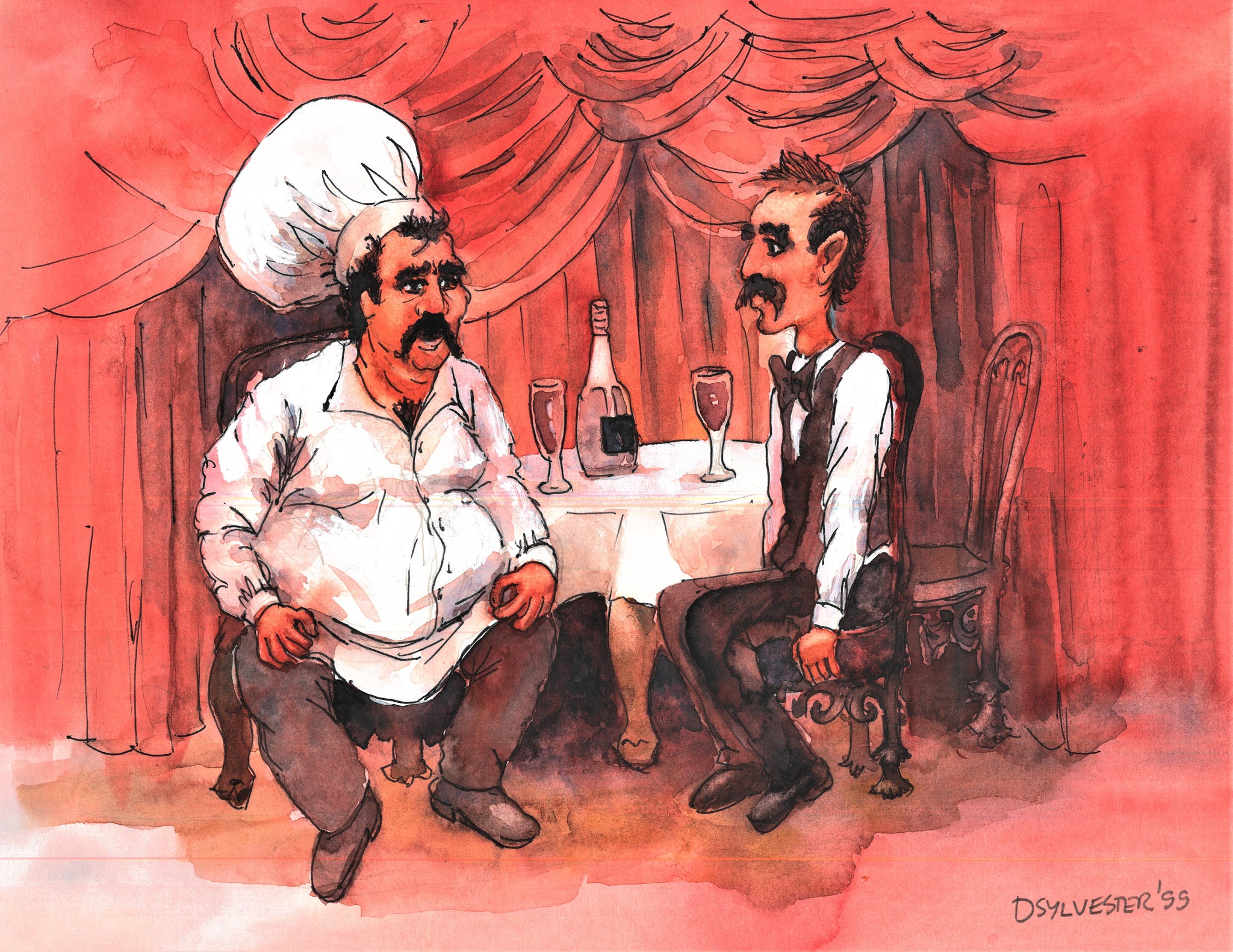 WAITERS - CHEF AND WAITER TAKING A BREAK - WATERCOLOR BY DON SYLVESTER